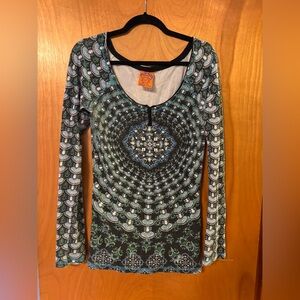 Free People Black and Blue Patterned Long Sleeve Top